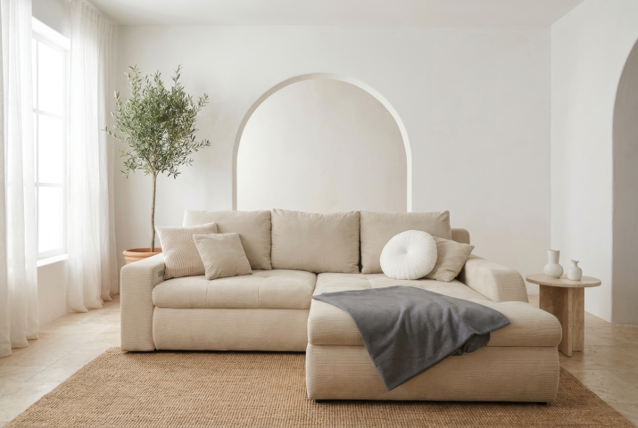 Polsterecke >Luno< elektr. Sitztiefenverstellung, Feincord beige - 241x89x175cm (BxHxT)