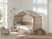 Hausbett >Fagus< Bettschublade + Textilhimmel, Buche massiv - 207,5x170x97,5 (BxHxT)