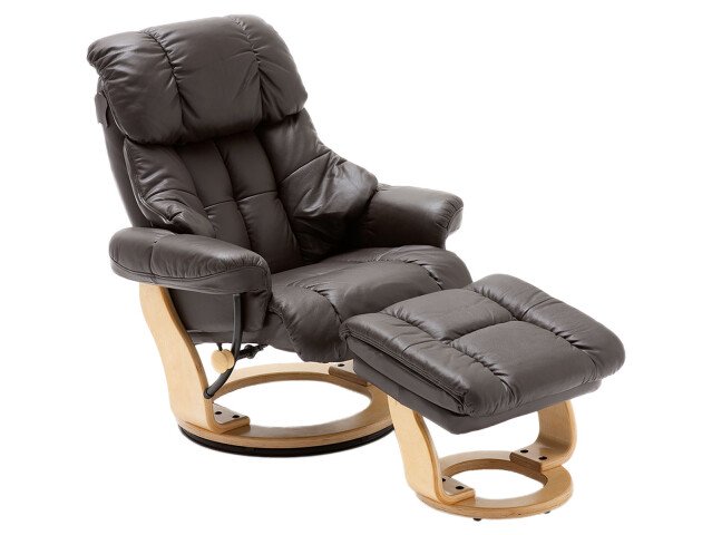 Relaxsessel >Carl I< mit Hocker, bis 130 kg belastbar, drehbarer Fernsehsessel mit Liegefunktion, Echtleder braun, Gestell Holz natur