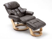 Relaxsessel >Carl I< mit Hocker, bis 130 kg belastbar, drehbarer Fernsehsessel mit Liegefunktion, Echtleder braun, Gestell Holz natur