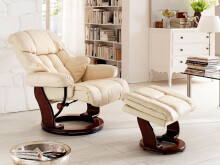 Relaxsessel >Carl I< mit Hocker, bis 130 kg belastbar, drehbarer Fernsehsessel mit Liegefunktion, Echtleder creme, Gestell Holz walnuss