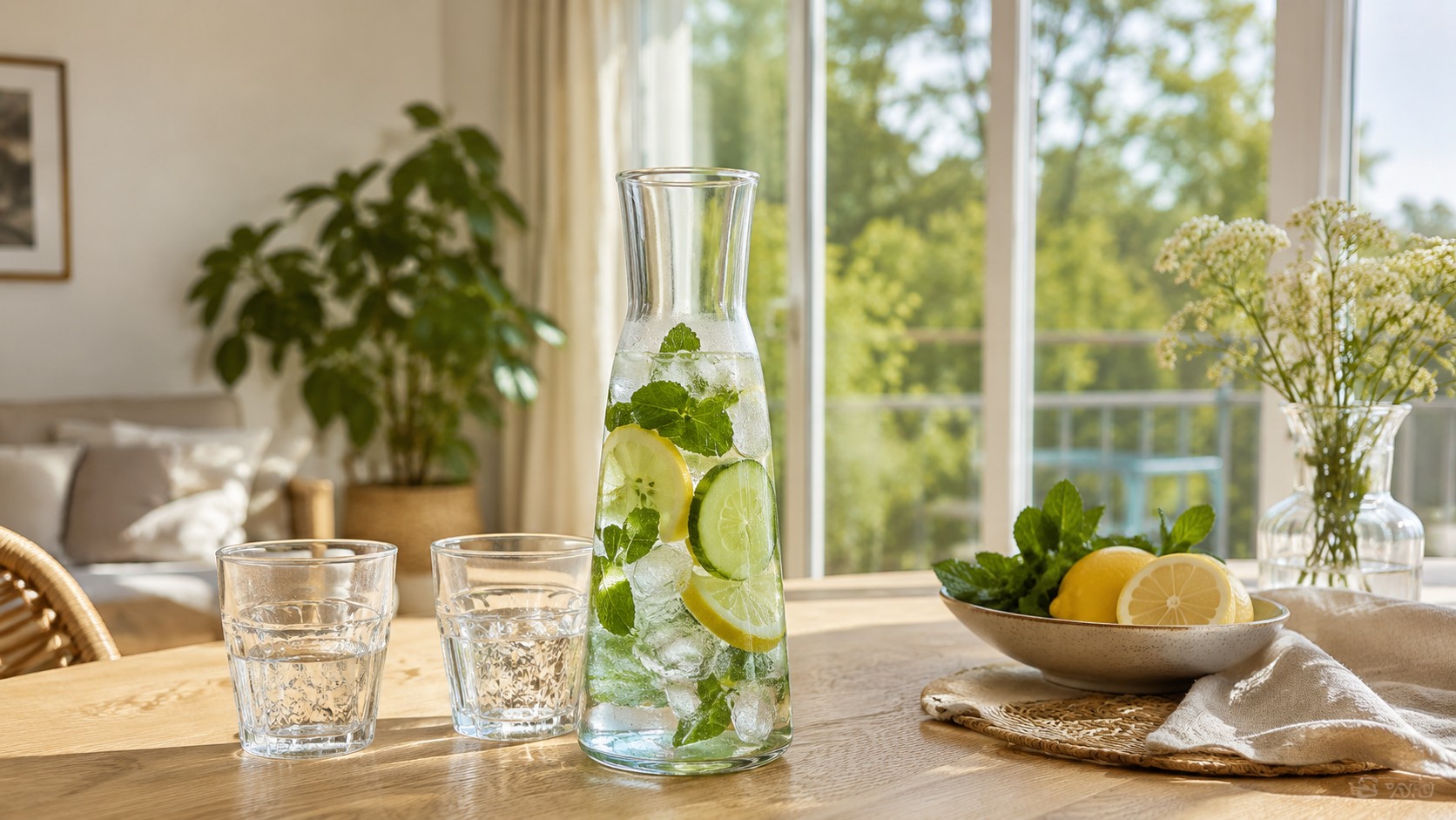 Erfrischender Wasserkrug mit Zitrone, Gurke und Minze auf hellem Holztisch