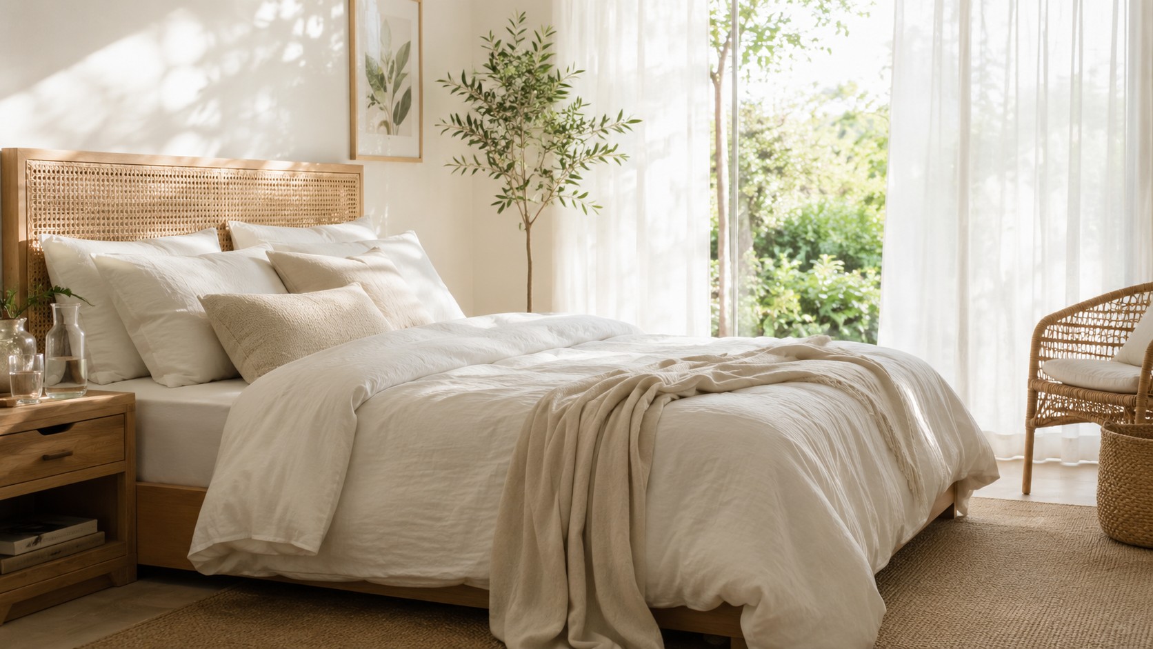 Helles Schlafzimmer mit leichter Bettwäsche und sommerlich ruhiger Atmosphäre