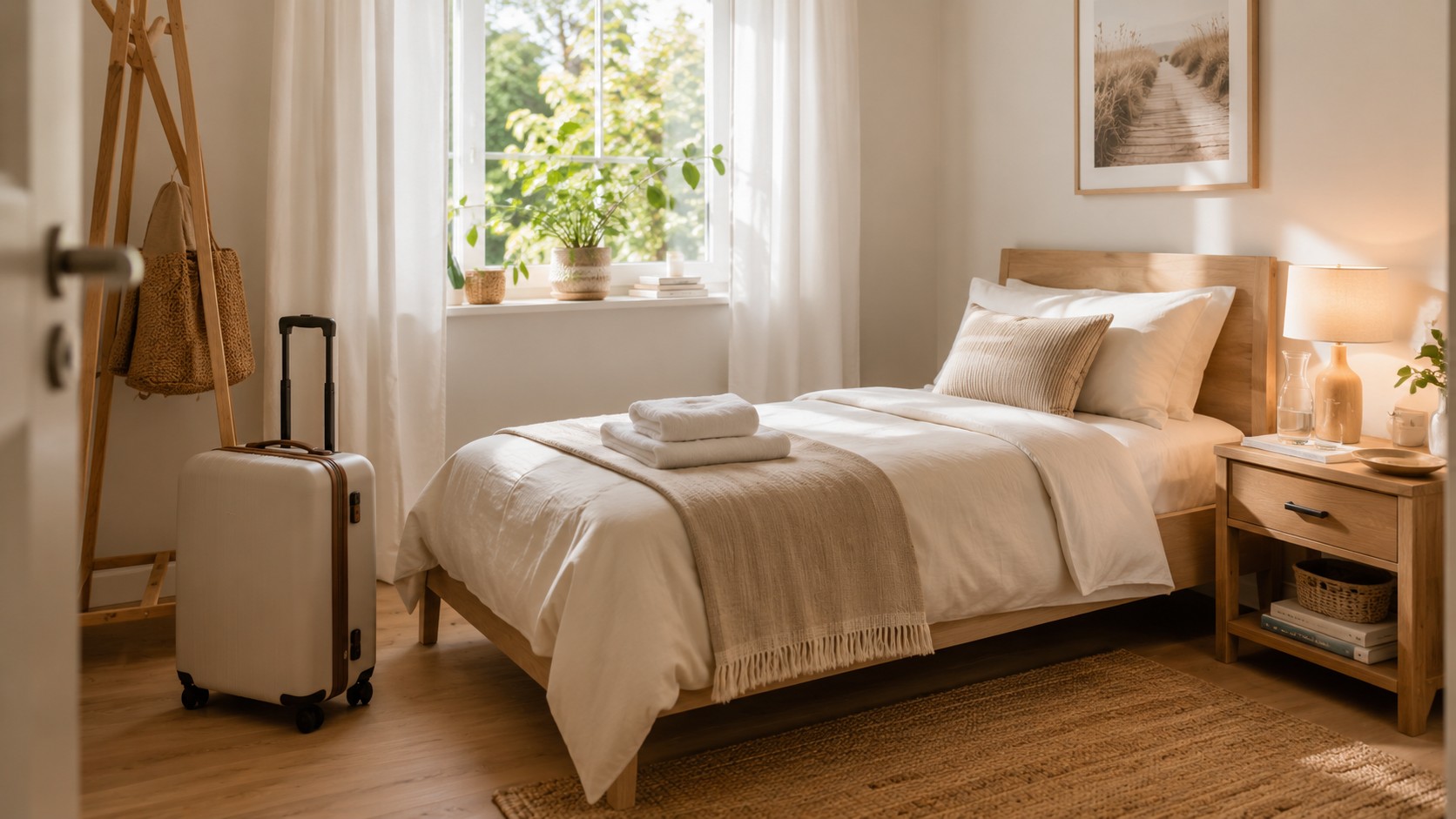 Gemütliches Gästezimmer mit hellem Bett, Nachttisch, Pflanzen und Koffer