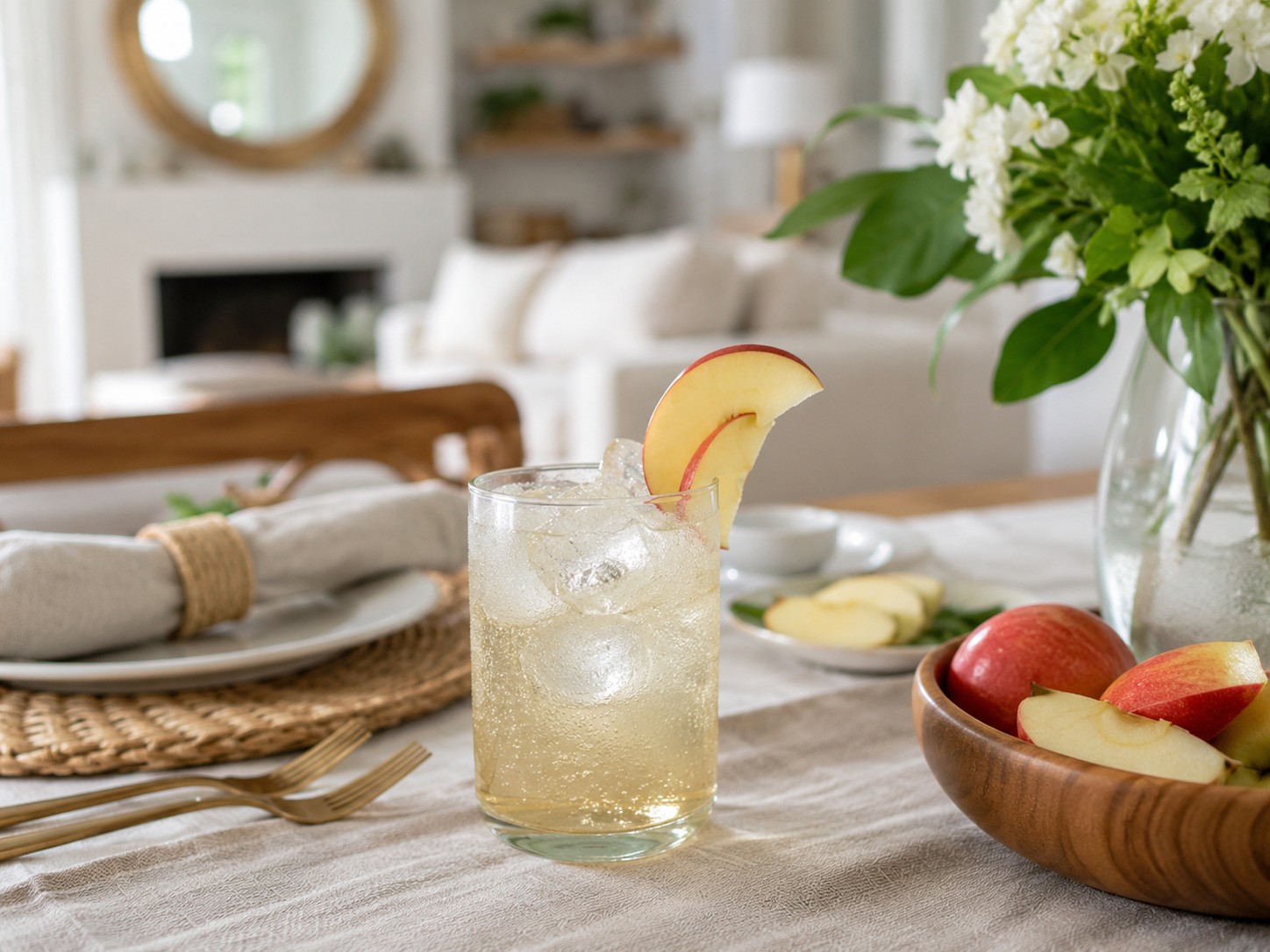 Erfrischende Apfelschorle mit Eiswürfeln auf sommerlich gedecktem Tisch
