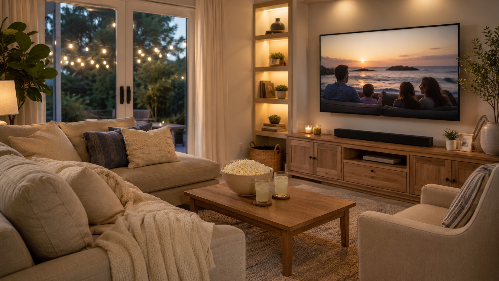 Gemütliches Wohnzimmer für einen sommerlichen Filmabend mit Sofa, Couchtisch, Snacks und warmem Licht