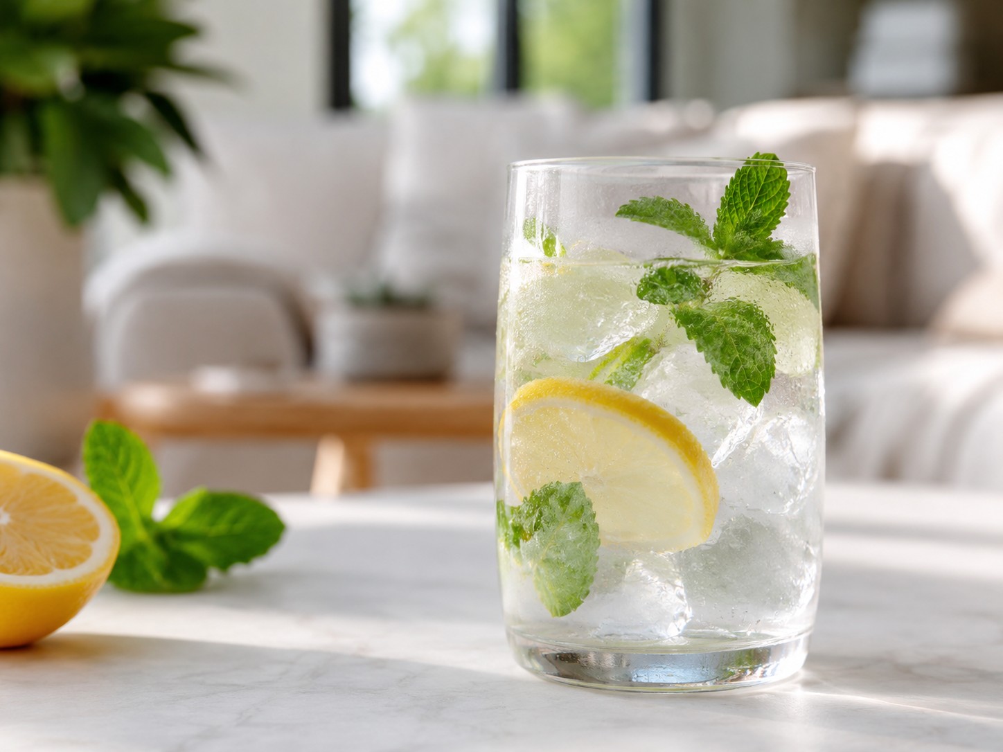 Glas mit Zitronenwasser, Minze und Eiswürfeln auf hellem Tisch