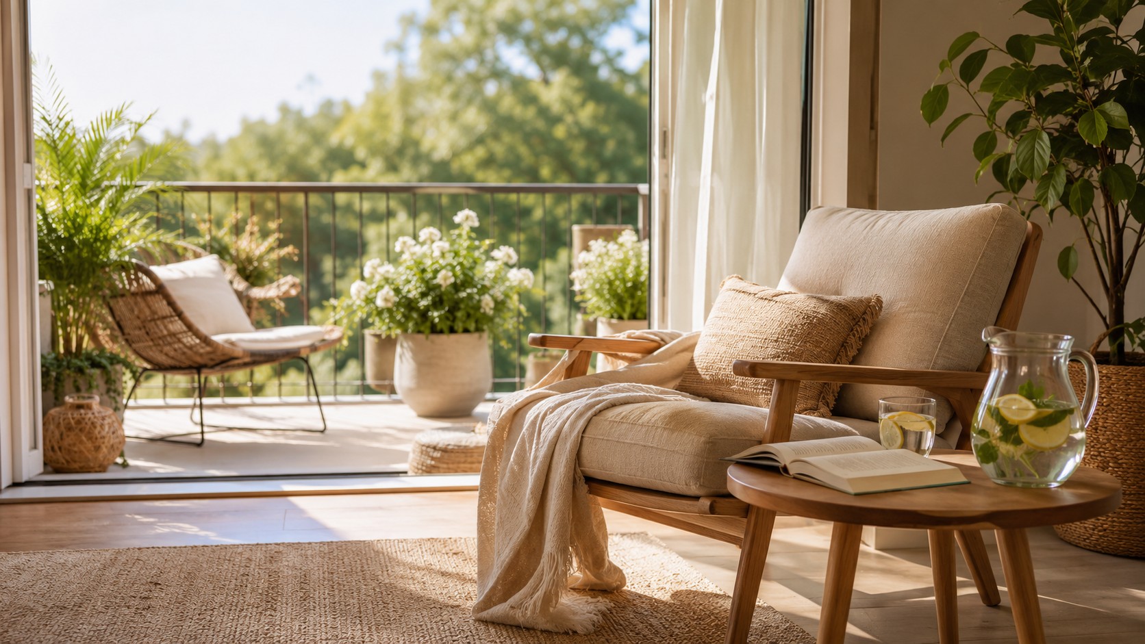 Gemütlicher Sommerplatz zu Hause mit Sessel, Pflanzen, Getränk und hellem Wohnambiente