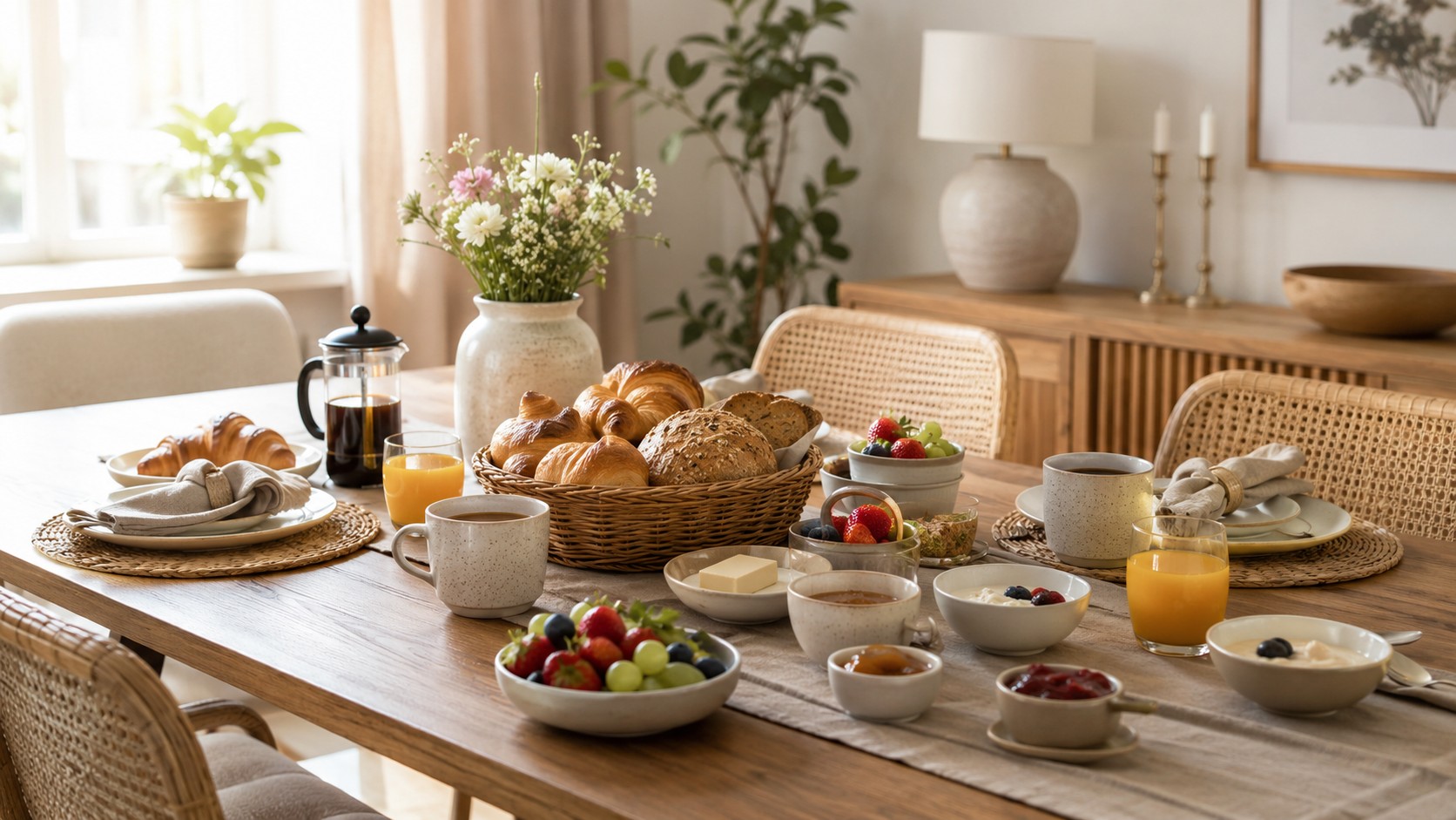 Gemütlich gedeckter Esstisch für einen Wochenendbrunch mit Kaffee, Brötchen, Obst und Blumen